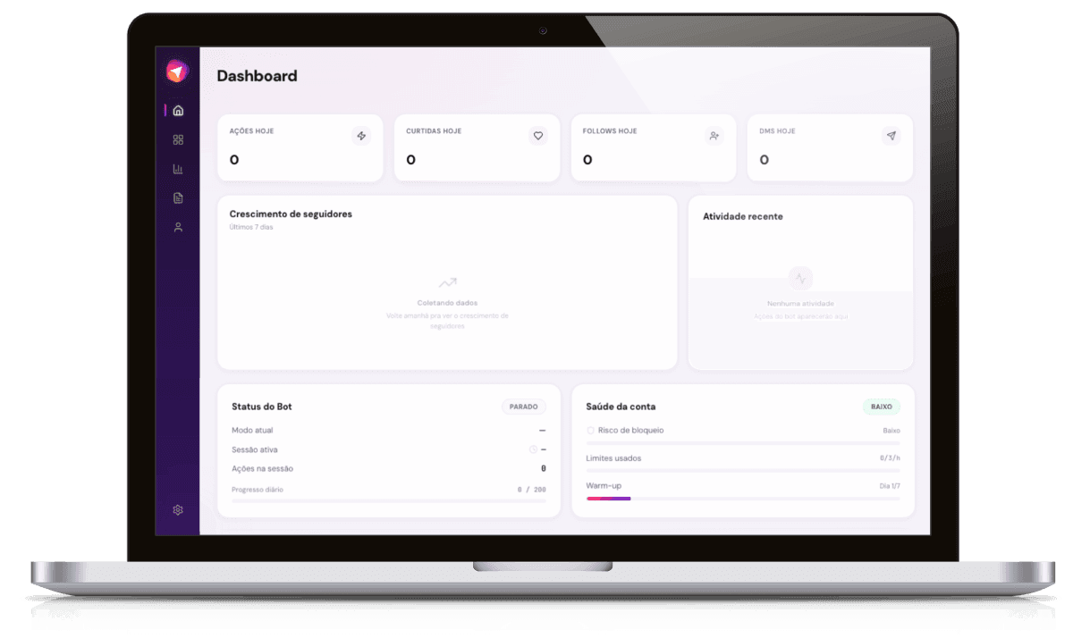 Painel do AutoInsta mostrando dashboard, status do bot e saúde da conta